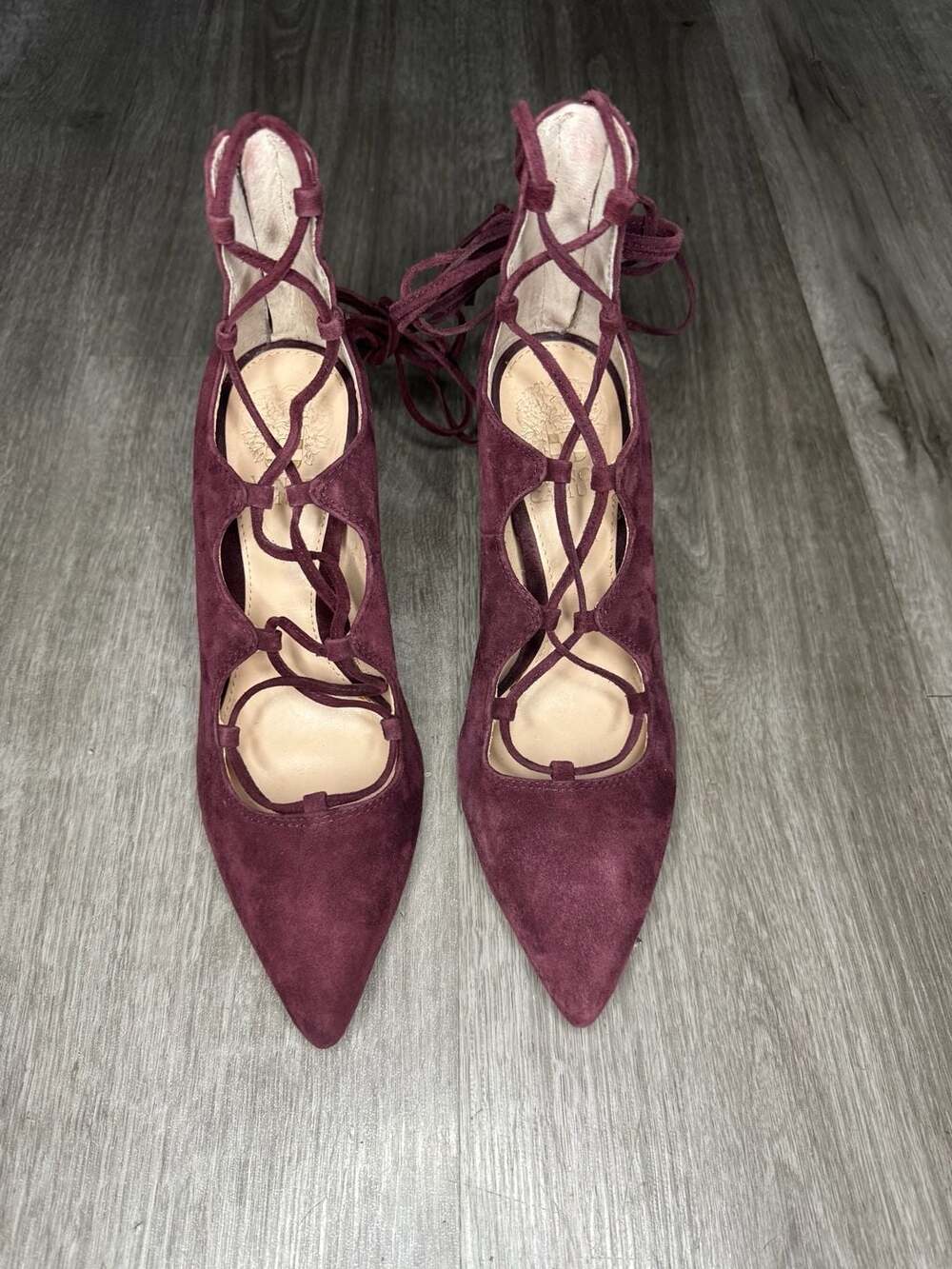 Vince Camuto Barsha Heels Size 7M Burgundy Suede Lace Up Pointy Toe